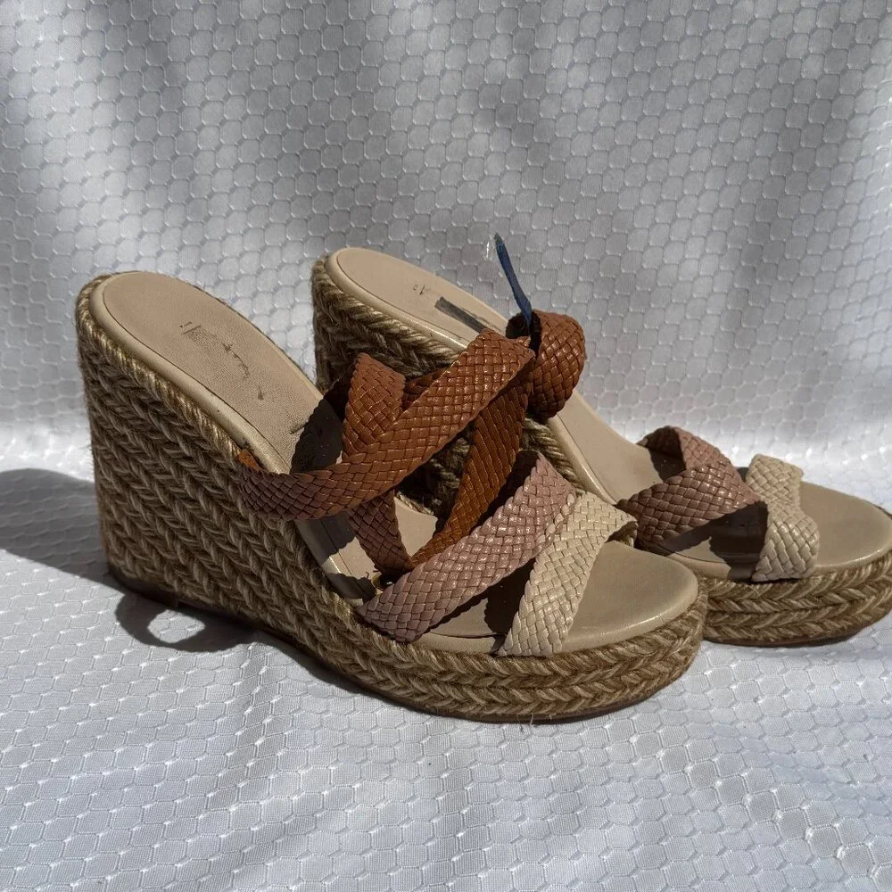 Stuart Weitzman Multicolor Woven Leather Wedge Ankle Strap‎ Sandals Size 8